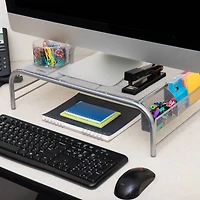 Mind Reader Silver Metal Mesh Monitor Stand with 2 Storage Compartments