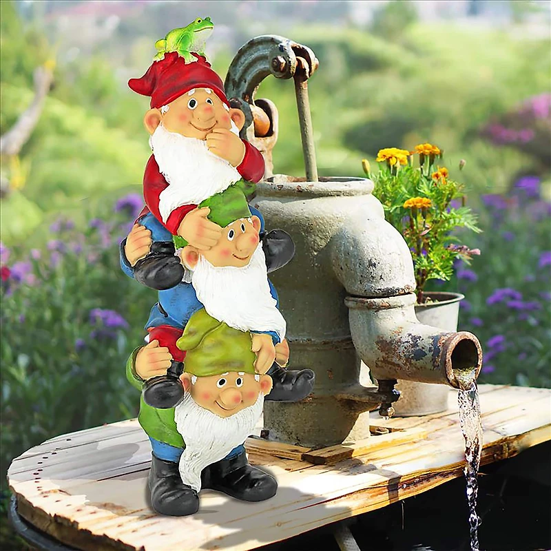 Design Toscano 16" Tower of Three Gnomes & Frog Statue