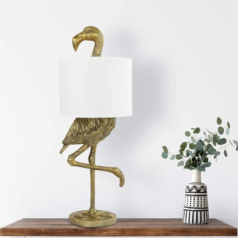 Hello Honey® 32" Gold Finish Resin Flamingo Table Lamp with Linen Shade