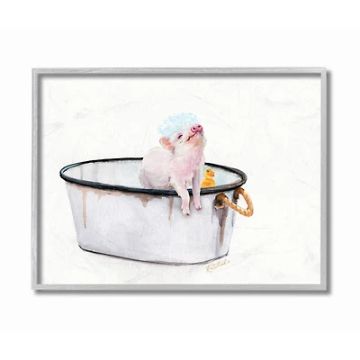 Stupell Industries Piggy Bath with Rubber Ducky Adorable Farm Animal in Gray Frame Wall Art