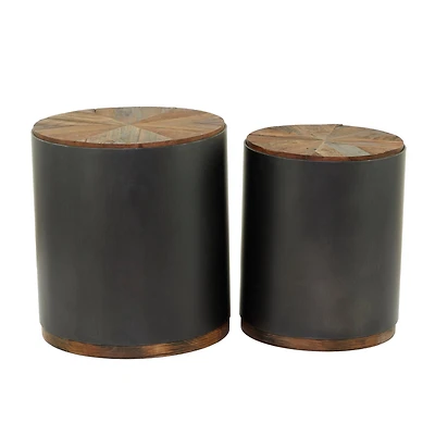 Black Metal Accent Table with Brown Wood Top Set of 2 21", 19"