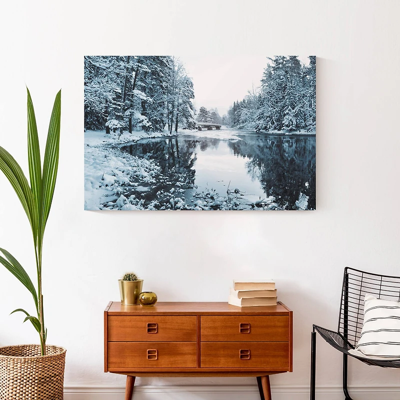 Snowy Park Lake Pine Trees 36x24 Canvas Wall Art