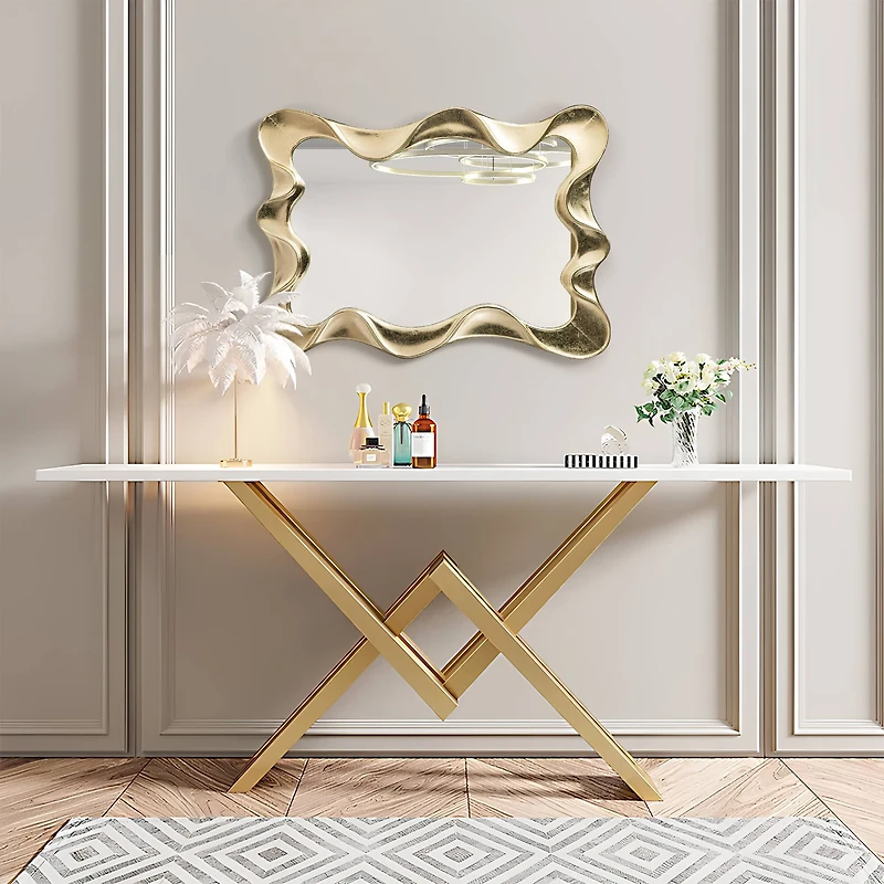Glitzhome® 34.25" Modern Gold Foil Metal Frame Wavy Wall Mirror