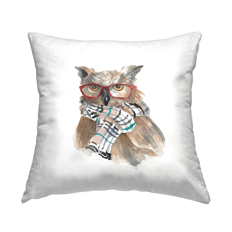 Stupell Industries Intelligent Owl Red Glasses Plaid Scarf Throw Pillow, 18" x 18"
