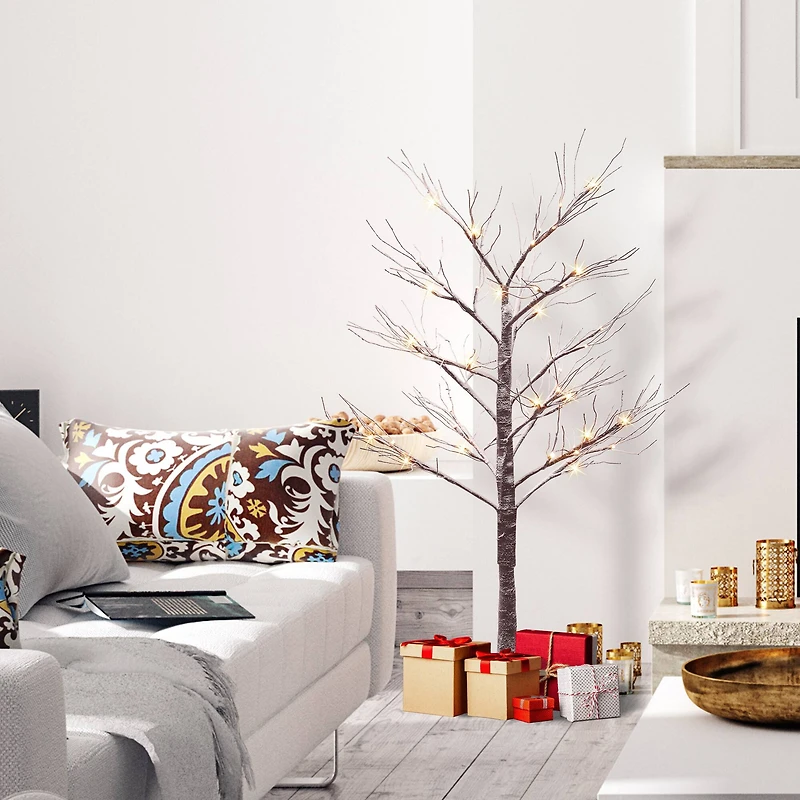 4ft. Pre-Lit Flocked Brown Artificial Twig Tree, White Lights