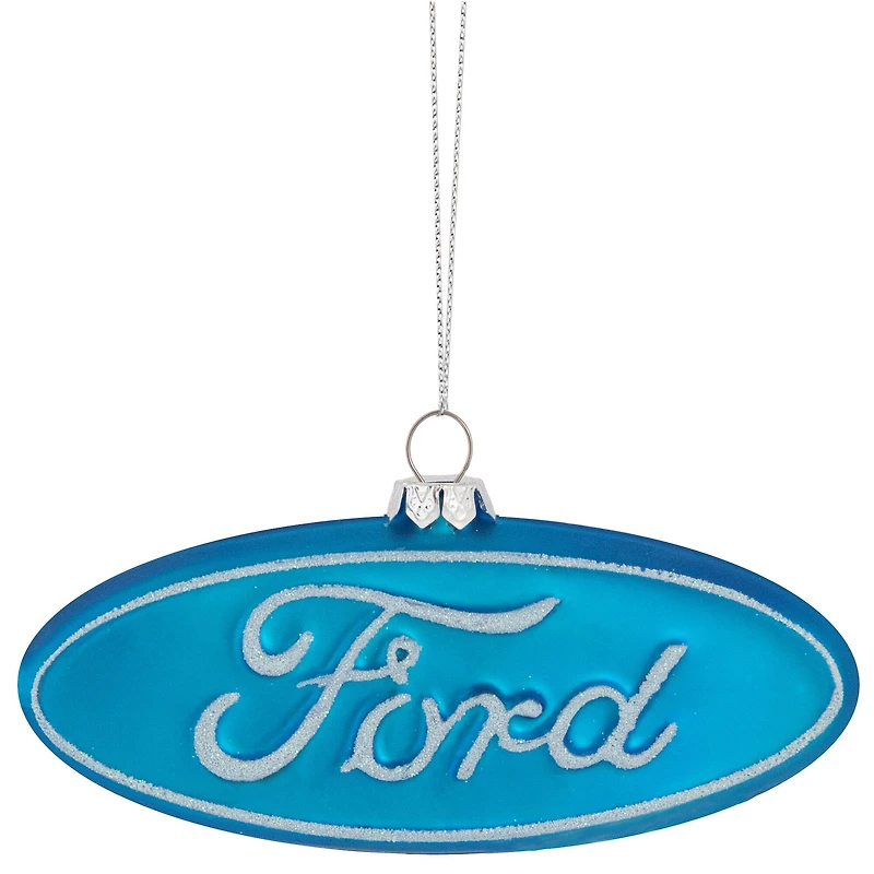 5" Glittered Blue & White Ford Logo Glass Ornament