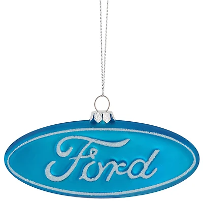 5" Glittered Blue & White Ford Logo Glass Ornament