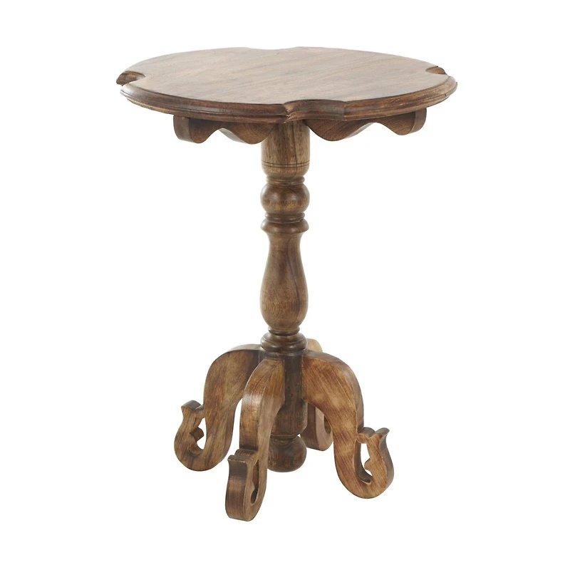 Brown Mango Wood Turned Accent Table with Scrolled Legs and Cutout Tabletop