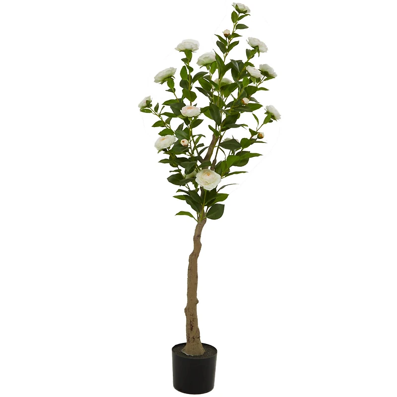 4.5ft. Green Faux Camellia Foliage Artificial Tree with Black Plastic Pot