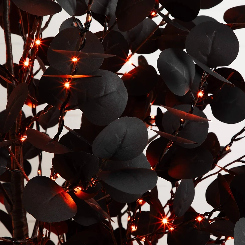 7ft. Pre-Lit Artificial Halloween Black Eucalyptus Tree with 420 Orange & Purple LED Lights
