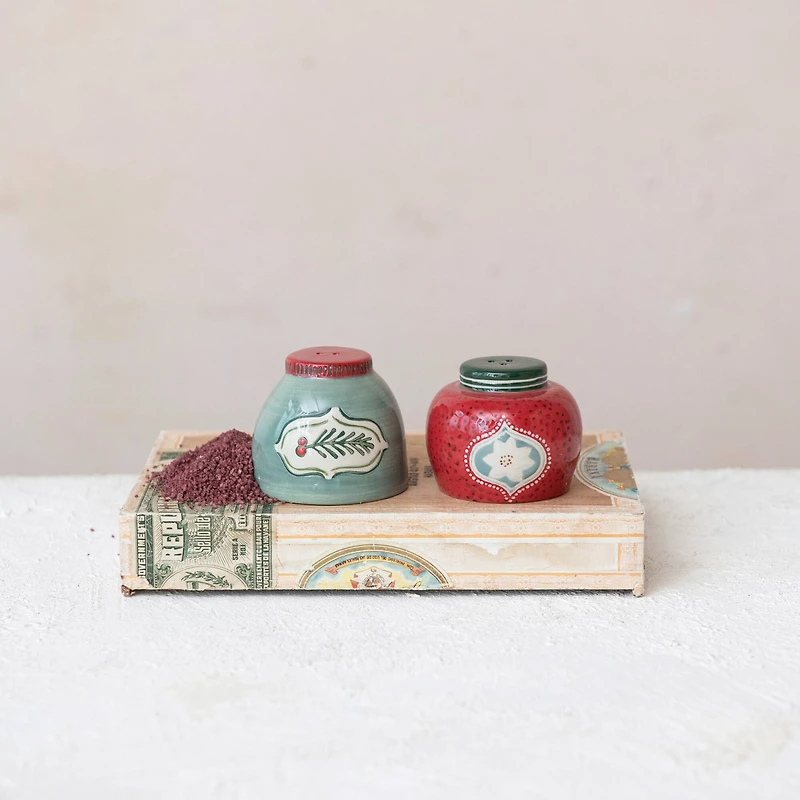 Hello Honey® Holly & Ornament Hand-Painted Stoneware Salt & Pepper Shaker Set