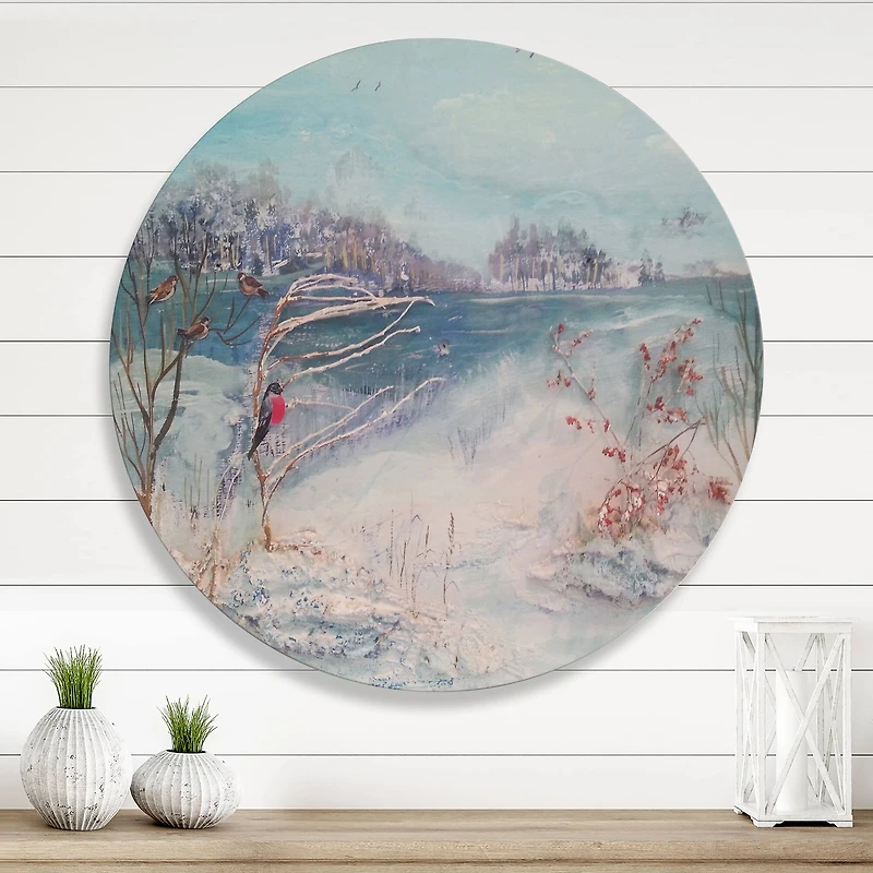 Designart - Winter Trees River and Birds
