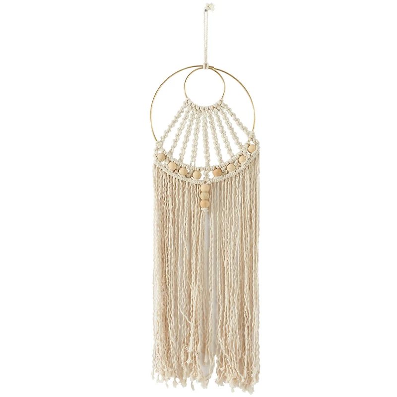 Beige Cotton Handmade Intricately Weaved Macrame Wall Decor with Beaded Fringe Tassels 10" x 1" x 38"