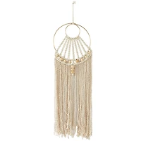 Beige Cotton Handmade Intricately Weaved Macrame Wall Decor with Beaded Fringe Tassels 10" x 1" x 38"