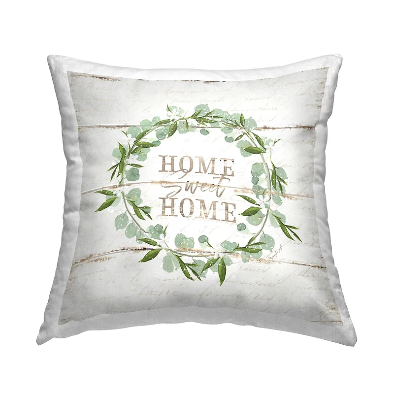 Stupell Industries Sweet Home Greeting Eucalyptus Wreath Rustic Plank Pattern Throw Pillow 18" x 18"