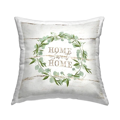 Stupell Industries Sweet Home Greeting Eucalyptus Wreath Rustic Plank Pattern Throw Pillow 18" x 18"
