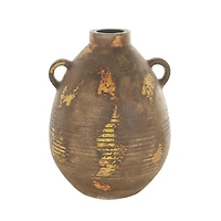 15.25" Brown Ceramic Antique Style Distressed Vase with Grooves & Handles