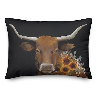 Longhorn With Sunflowers 20" x 14" Throw Pillow