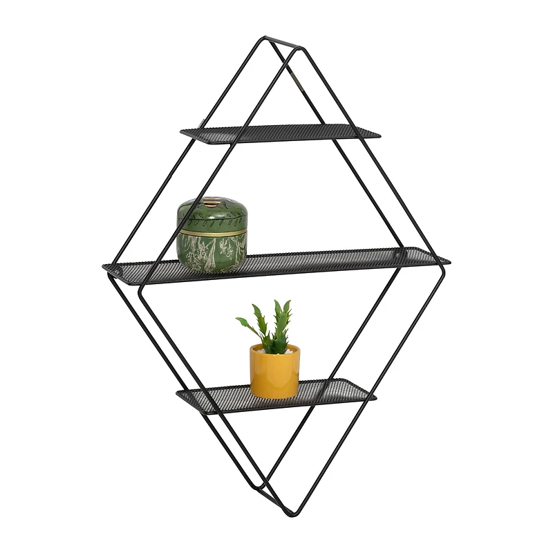 Honey Can Do 24" Black Three-Tier Diamond-Shaped Decorative Metal Wall Shelf