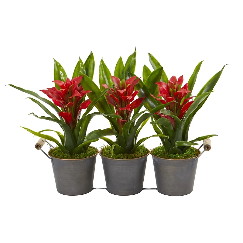 11" Red & Green Triple Potted Bromeliad Artificial Plant in Decorative Planter