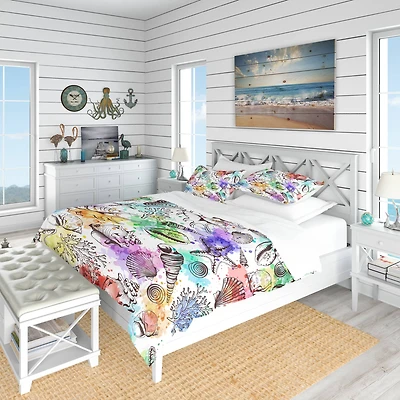 Designart 'Modern Seashells Pattern' Nautical & Coastal Bedding Set