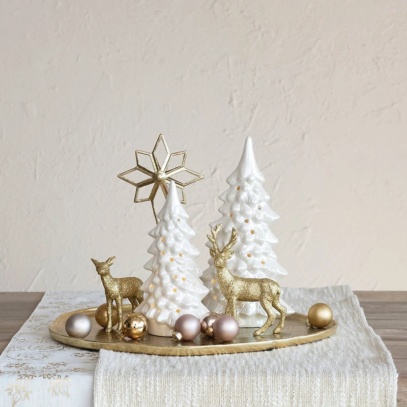 Hello Honey® 10.25" Cream Stoneware LED Tree with Cut-Outs & Iridescent Finish