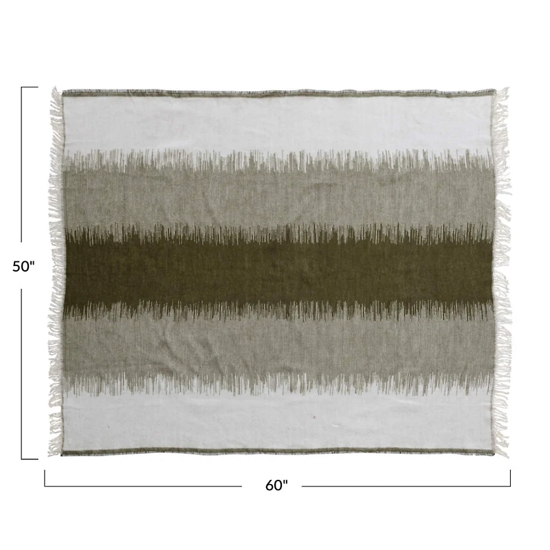 Hello Honey® Green and White Woven Cotton Blend Throw Blanket with Stripes and Fringe