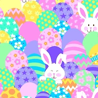 Fabric Traditions Easter Stacked Bunnies & Eggs Glitter Cotton Fabric