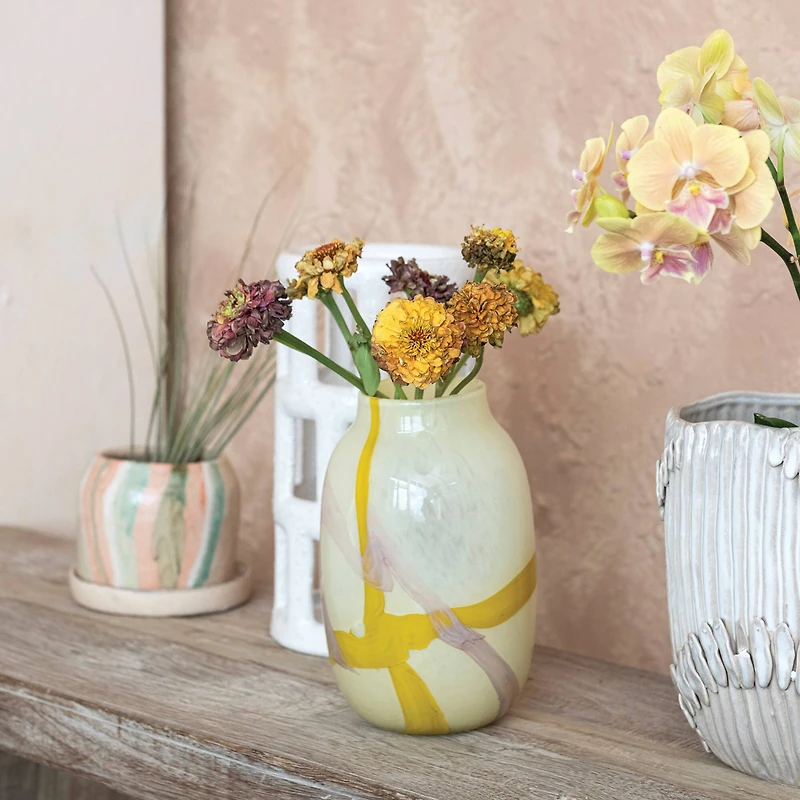 Hello Honey® 9.5" Yellow & Purple Decorative Glass Vase with Abstract Design