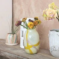 Hello Honey® 9.5" Yellow & Purple Decorative Glass Vase with Abstract Design