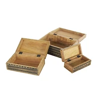 Brown Handmade Storage Box Set with Black Tribal Carvings & Gold Accents