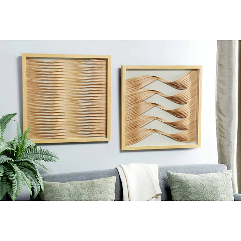 Brown Wood Coastal Style Abstract Wall Art Set