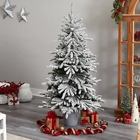 6ft. Pre-Lit Flocked Long Vermont Pine Artificial Christmas Tree in Decorative Planter, White LED Lights 