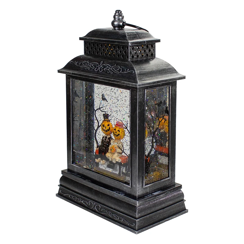 11.5" Black Lighted Halloween Snow Globe Lantern With Pumpkin Couple