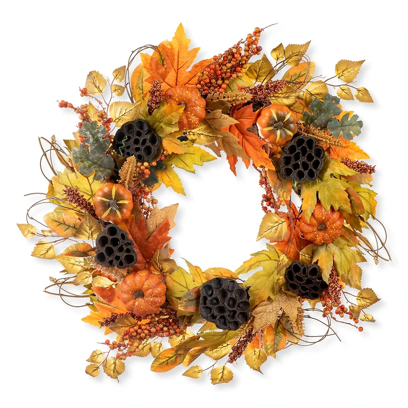 Glitzhome® 24" Fall Pumpkin Leaf Floral Wreath