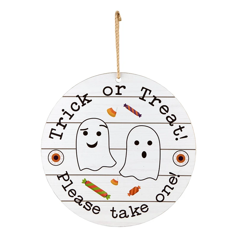12" White Hanging Double-Sided Trick or Treat/Out of Candy Round Plank Sign