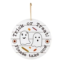 12" White Hanging Double-Sided Trick or Treat/Out of Candy Round Plank Sign
