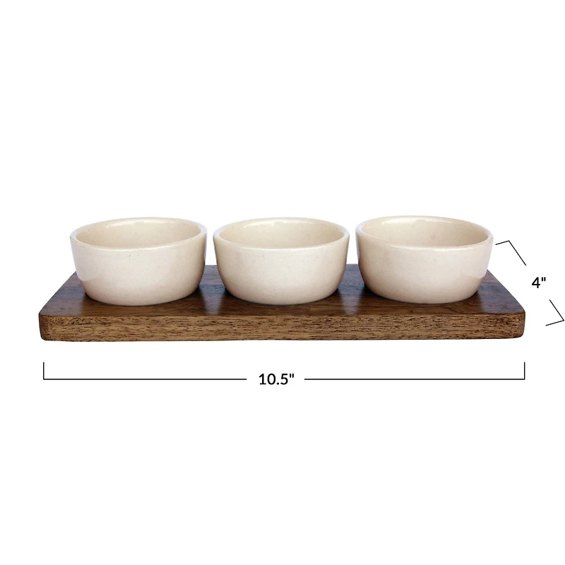Hello Honey® Cream Stoneware Bowls & Natural Mango Wood Tray Set