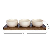Hello Honey® Cream Stoneware Bowls & Natural Mango Wood Tray Set