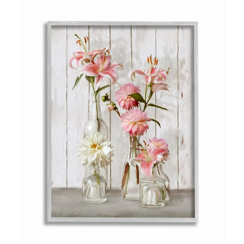 Stupell Industries Spring Pink Florals in Glass Jars Feminine Rustic Flowers in Gray Frame Wall Art