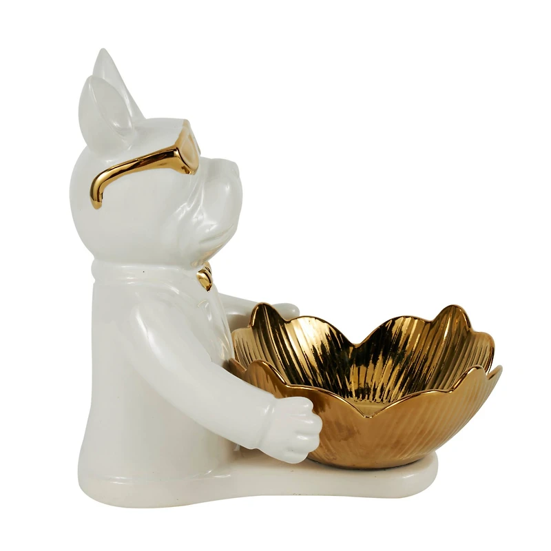 8" White Ceramic Bulldog Sculpture with Gold Accents