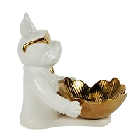 8" White Ceramic Bulldog Sculpture with Gold Accents