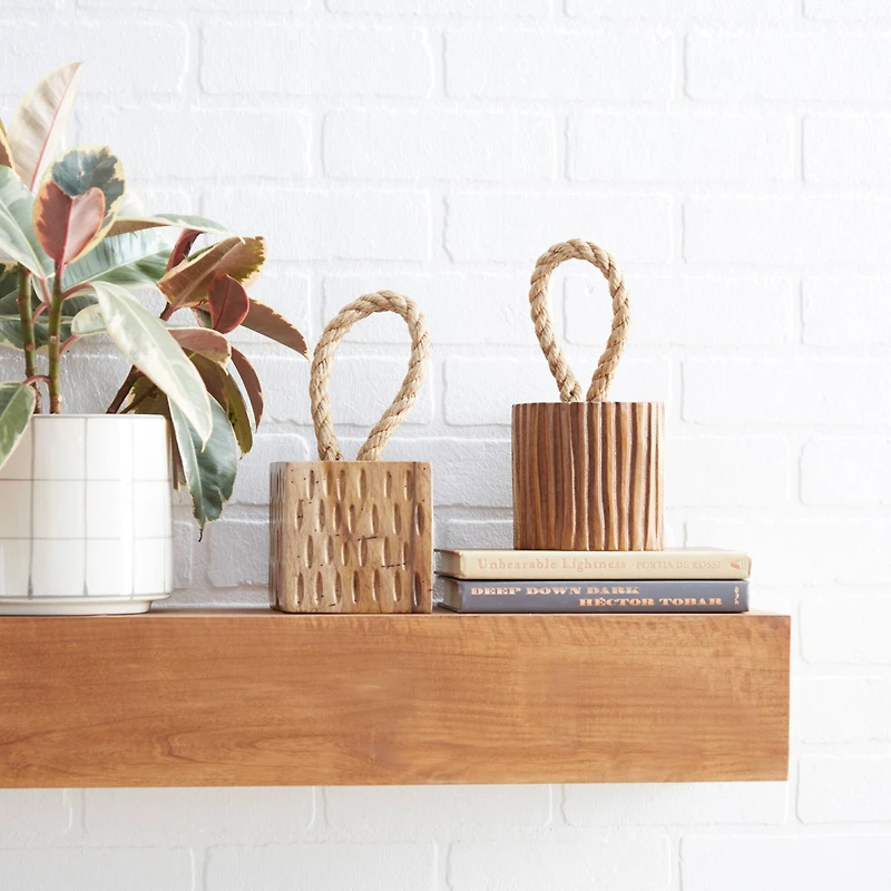 Set of 2 Brown Teak Wood Coastal Sculpture 5", 10"