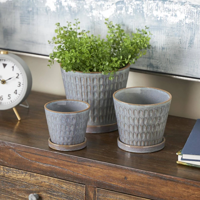 Blue Geometric Oval Patterned Ceramic Planter Set