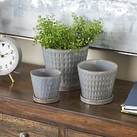 Blue Geometric Oval Patterned Ceramic Planter Set