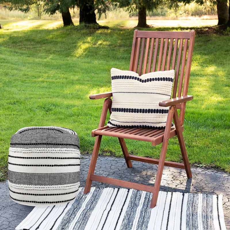 18" White & Black Striped Outdoor Woven Pouf Ottoman