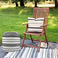 18" White & Black Striped Outdoor Woven Pouf Ottoman