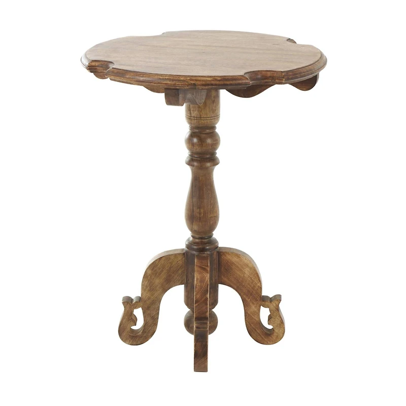 Brown Mango Wood Turned Accent Table with Scrolled Legs and Cutout Tabletop