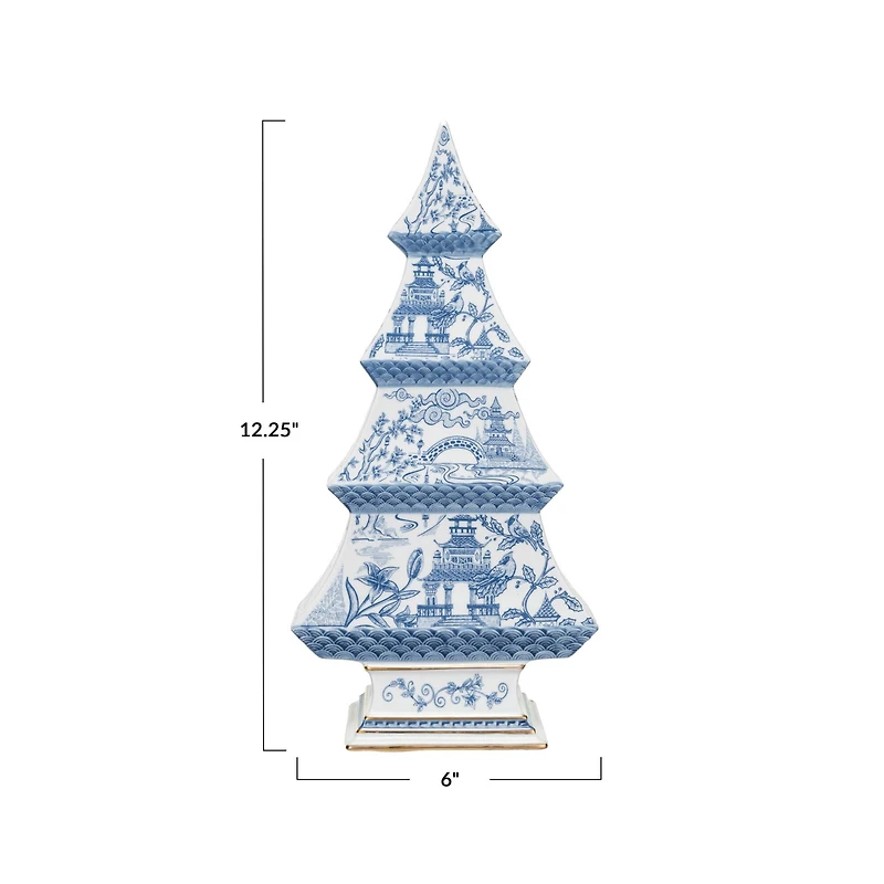 Hello Honey® 12.25" Blue & White Pagoda Pattern Ceramic Tree with Gold Electroplating