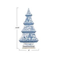 Hello Honey® 12.25" Blue & White Pagoda Pattern Ceramic Tree with Gold Electroplating